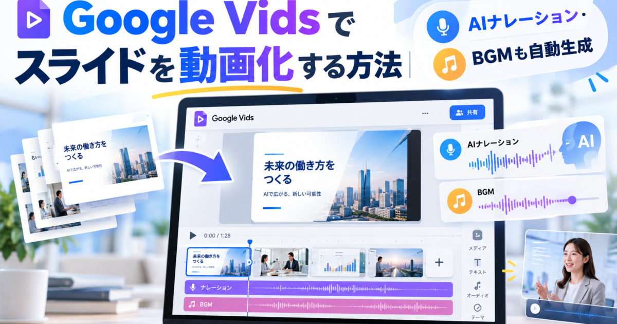 Google Vidsを使い、プレゼンスライドからAIナレーション付き動画を自動生成する方法を解説します。