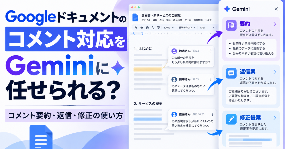 Googleドキュメントでのコメント要約や返信案作成、文章修正をGeminiに任せる方法を解説します。